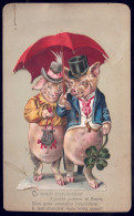 +++ Carte Avec Chromo Gaufré - Relief - Couple De Cochons Humanisés - Pig - Dorure - Trèfle Porte Bonheur  // - Varkens