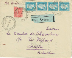 Tarifs Postaux France Du 09-08-1926 (157) Pasteur N° 181 1,50 F. X 4 + Semeuse Lignée 50 C.  Lettre Par Avion Pour Saigo - 1922-26 Pasteur