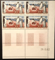 Timbre TAAF, BLOC DE 4 COIN DATE, YT PA5 Manchots Adélie, EPF Missions PEV, Sans Charnière - Unused Stamps