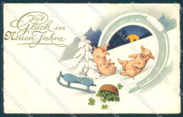 New Year Pig Sleigh Four Leaf Clover Horseshoe Serie 3226 Postcard TW1380 - Andere & Zonder Classificatie