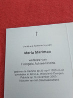 Doodsprentje Maria Mariman /  Hamme 23/4/1939 - 14/11/2000 ( François Adriaenssens ) - Religion & Esotericism