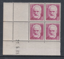 France N° 304 XX Cinquantenaire Mort De Victor Hugo En Boc De 4 Coin Daté Du  21 . 5 . 35, Sans Charnière , TB - 1930-1939