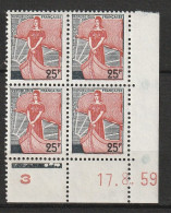 N° 1216 Marianne De La Nef Beau Bloc De 4 Timbres Neuf Coins Datés 17.8.59 - 1950-1959