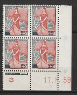 N° 1216 Marianne De La Nef Beau Bloc De 4 Timbres Neuf Coins Datés 17.8.59 - Neufs