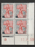 N° 1216 Marianne De La Nef Beau Bloc De 4 Timbres Neuf Coins Datés 17.8.59 - 1950-1959