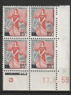 N° 1216 Marianne De La Nef Beau Bloc De 4 Timbres Neuf Coins Datés 17.8.59 - Neufs