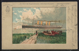 Lithographie Passagierschiff Deutschland Vom Ufer Aus Gesehen  - Piroscafi