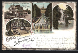 Lithographie Kassel, Gasthaus Zum Steinernen Schweinchen, Cascade, Aquaduct-Wasserfall  - Kassel