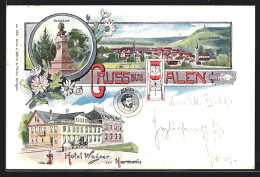 Lithographie Aalen, Hotel Wagner Zur Harmonie, Schubart-Denkmal, Panorama  - Aalen