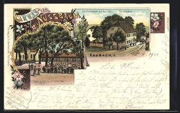 Lithographie Ansbach / Mfr., Gasthaus Nussbaum, Saalgebäude Mit Veranda Und Garten  - Ansbach