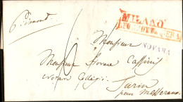 Italy 1843 Full Letter From Milano By Exchange Office At Novara (blue) And Torino To Messerano (Lombardy To Piedmonte) - 1. ...-1850 Prephilately