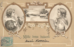 FANTAISIES - Mille Bons Baisers - Neige - Petit Garçon - Petite Fille - Carte Postale Ancienne - Otros & Sin Clasificación