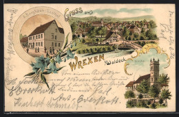 Lithographie Wrexen I. Waldeck, Gasthof A. Borghaus, Kirche, Ortsansicht  - Waldeck