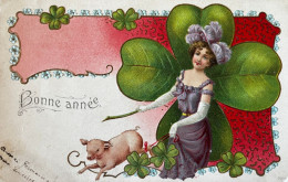 Femme Et Cochon * CPA Illustrateur Gaufrée Embossed * Bonne Année * Trèfle 4 Feuilles Port Bonheur - Varkens