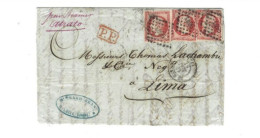 !!! FRANCE, LETTRE POUR LIMA  (PEROU) 1857 PAR BÂTEAU ATRATO (LE HAVRE). DÉFAUT À L'UN DES TIMBRES - 1849-1876: Classic Period