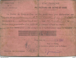 CA / Vieux PERMIS CYCLE 1941 Seine Et Oise POLICE Numéro Versailles TIMBRES FISCAUX 1946 44 43 45 - Documents Historiques