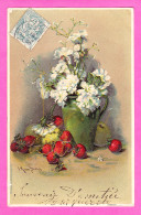 Illust-485P57 Carte Gaufrée, Un Bouquet D'oeillets Dans Un Vase, Des Fraises, Cpa - 1900-1949