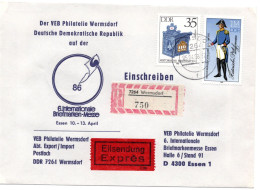 63949 - DDR - 1986 - 1M Uniformen MiF A R-EilBf WERMSDORF -> Messestand ESSEN (Westdeutschland) - Cartas & Documentos