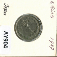 IRAN 2 RIALS 1965 / 1344 ISLAMIC COIN #AY904.U.A - Irán