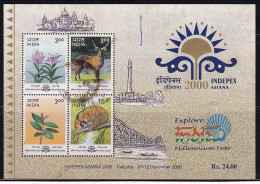 Postal Used India Miniature 2000, INDEPEX ASIANA, Lily Flower, Deer, Guave, Snow Loris, Animal, Bridge, Millenium - Gebraucht