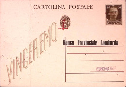 1944-CARTOLINA POSTALE C.30 Sopr. RSI Con Stampa Privata Banca Provinciale Lomba - Postwaardestukken