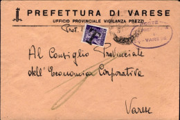 1945-50c. Monumenti Distrutti Con Segno Grande T Busta Prefettura Di Varese Con  - Marcophilie