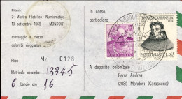 1969-messaggio A Mezzo Colombo Viaggiatore Per La II^mostra Filatelico Numismati - 1961-70: Marcophilia