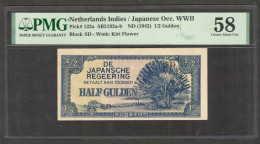 Japanese Occ Indonesia 1/2 0.5 Gulden Block SD Scarce P-122a 1942 PMG 58 Ch AUNC - Indonesia