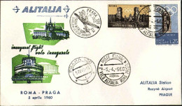 1960-I^volo Alitalia Roma Praga Del 5 Aprile Su Busta Illustrata Ed Annullo Spec - Poste Aérienne
