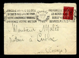 Envel 50c Semeuse PARIS XX" Propagande De Sauvons Les Meres Et Les Bebes....."  1926 Pour CUBLAC  CORREZE - Sellado Mecánica (Otros)