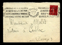 Envel 50c Semeuse PARIS XX" Propagande De Sauvons Les Meres Et Les Bebes....."  1926 Pour CUBLAC  CORREZE - Annullamenti Meccaniche (Varie)