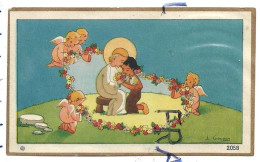 Petite Fille En Sabots Offre Des Fleurs à L'Enfant Jésus, 4 Anges Et Couronne De Fleurs Par J. Gouppy - Images Religieuses