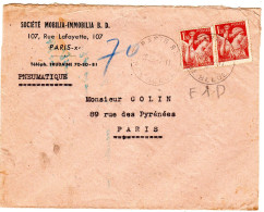 Lettre PNEUMATIQUE  2 X IRIS 1,50f " SOCIETE MOBILIA - IMMOBILIA B D - Cartas & Documentos
