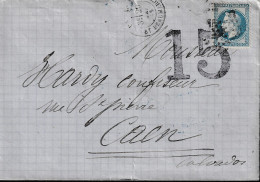 Lettre De PARIS Rue Beaumarchais SURCHARGE 15 Du 23 Mai 1869 Via Caen - 1863-1870 Napoléon III Lauré