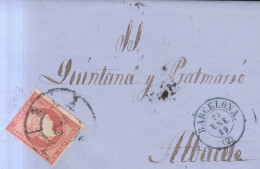 1856 Edifil 48 4c. Isabel II Carta A Albacete Matasellos Rueda De Carreta 2 Barcelona Juan Quintana Vilajuana - Cartas & Documentos