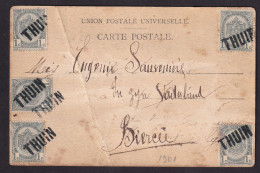 DDFF 639 -- Carte Fantaisie Expédiée De BRUGES En 1901 Vers BIERCEE -  5 X TP Armoiries Annulés Par La Griffe THUIN - 1893-1907 Stemmi