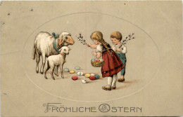 Ostern - Kinder Mit Lamm - Prägekarte - Pascua