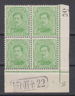 COB 137C ** Neuf Sans Charnière Bloc De 4 Inscription Marginale - 1915-1920 Albert I.