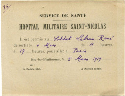 Bon De Sortie 1919 "Hopital Militaire Saint Nicolas" à Issy-les-Moulineaux - WW1 - WWI - 1914-18