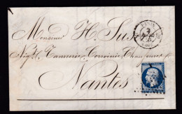 Un Timbre N° 14 Napoléon III  Bleu  Foncé  Sur   Lettre   Destination  Nantes  Année 1856 - 1853-1860 Napoléon III.