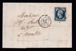 Un Timbre N° 14 Napoléon III  Bleu  Foncé  Sur   Lettre   Destination  Nantes  Année 1856 - 1853-1860 Napoléon III.