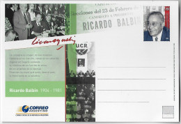 Argentina 2004 Postal Stationery Card National Deputy Ricardo Balbin From UCR Radical Civic Union Election Unused - Postwaardestukken
