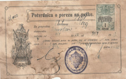 CROATIA - SAMOBOR -  KRALJEVINA  SRBOV, HRVATOV IN SLOVENCEV  --  POTVRDNICA O POREZU NA PUSKE  --  1923  --  TAX STAMP - Documents Historiques