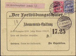 Schweiz 1896 Quittung Fortbildungsschule Zuchwil, Zum: 62B+61B, Mi 55Y+54Y, Ziffermarken (° SOLOTHURN 27.XI.96 Fahrpost) - Covers & Documents