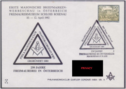 250 Years Of Freemasonry In Austria, First Masonic Stamp Advertising Show In Masonry Museum ROSENAU CASTLE, Compass, FDC - Freemasonry