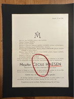 Mejuffer Cecile Haesen *1890 Hasselt +1950 Hasselt Devries Landrieu Kempinaire Roose Michielsen Snij En Naaischool Haese - Todesanzeige