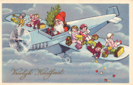 Père Noel En Avion Avec Enfants Et Jouets Sur Les Ailes - Santa Claus