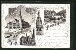 Lithographie Hagen I. W., Gasthaus Waldlust, Rathaus, Neue Kath. Kirche  - Hagen