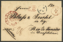 GERMANY: 6/NO/1847 Frankfurt - Rio De Janeiro: Folded Cover Sent Via Havre, With Several Markings On Front And Back, Exc - Andere & Zonder Classificatie