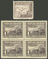 SPANISH ANDORRA: Yvert 1 In Block Of 4 + Definitive Stamp Yvert 51, All MNH And Of Excellent Quality, Catalog Value Euro - Other & Unclassified